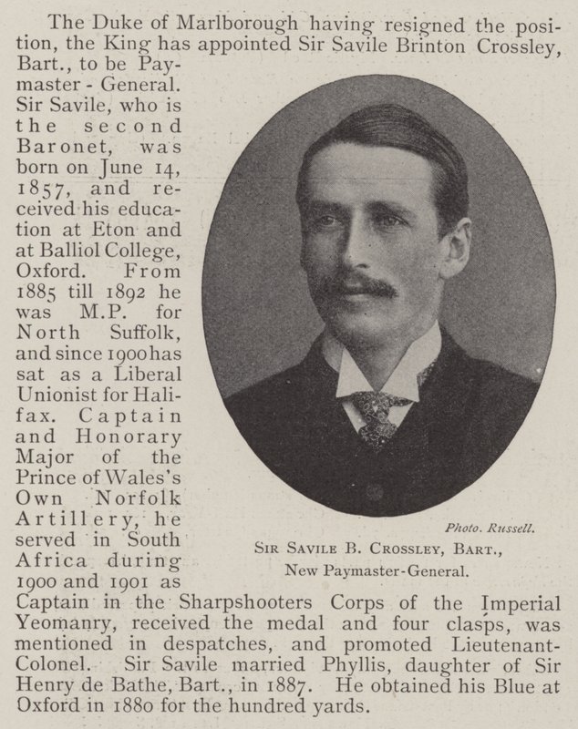 Sir Savile B Crossley, Baronet, ny lønmester-general af English Photographer