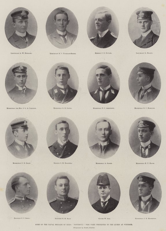 Nogle af flådebrigaden af HMS Powerful, som blev præsenteret for dronningen i Windsor af English Photographer