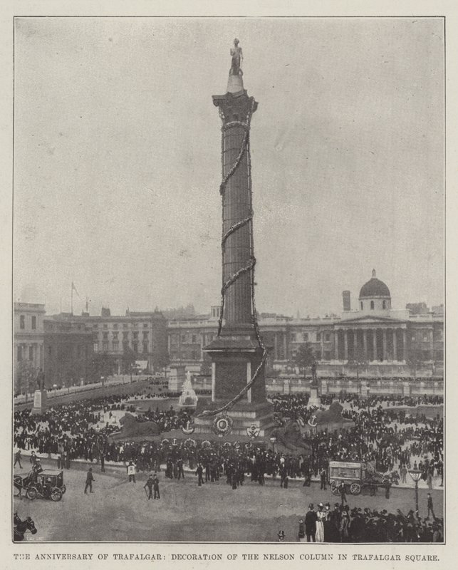 Årsdagen for Trafalgar, udsmykning af Nelson-søjlen på Trafalgar Square af English Photographer