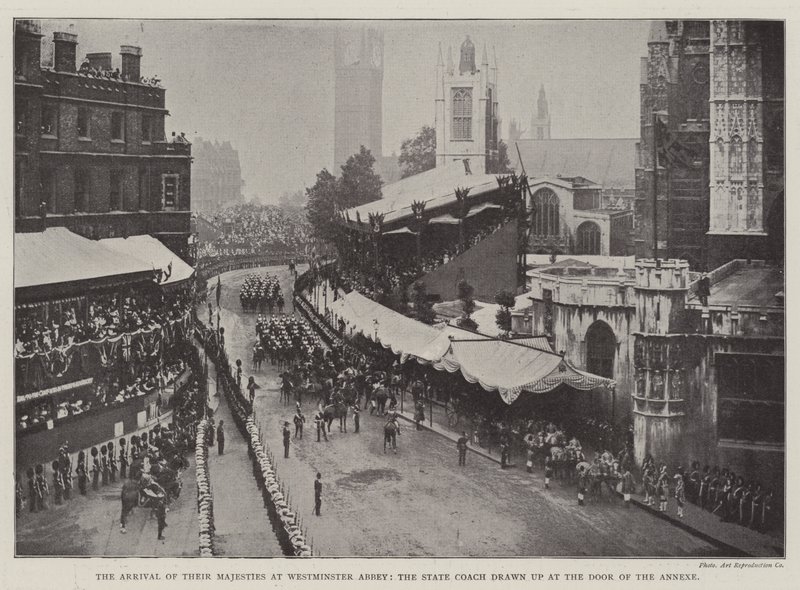Deres Majestæters ankomst til Westminster Abbey, statstræneren opstillet ved døren til annekset af English Photographer