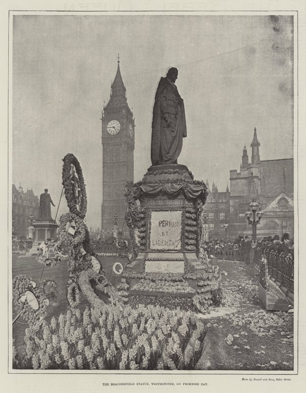 Beaconsfield-statuen, Westminster, på Primrose Day af English Photographer