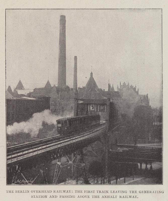 Berlin Overhead Railway, det første tog, der forlader generatorstationen og passerer over Anhalt Railway af English Photographer