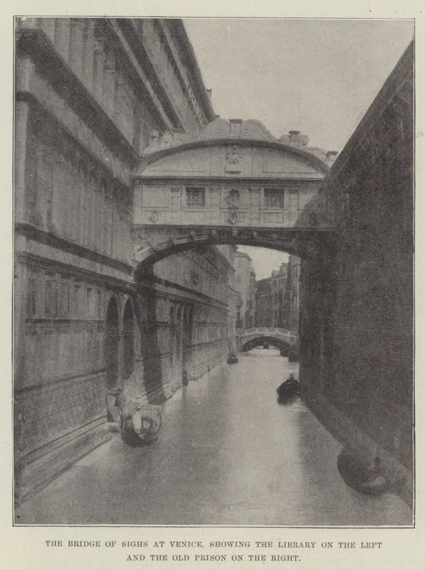 Sukkenes bro i Venedig, der viser biblioteket til venstre og det gamle fængsel til højre af English Photographer