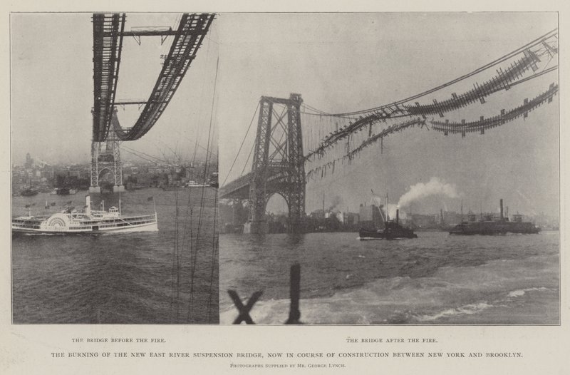 Afbrændingen af New East River Suspension Bridge, nu under konstruktion mellem New York og Brooklyn af English Photographer