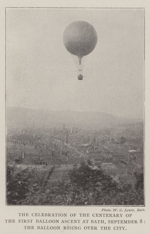 Fejringen af 100-året for den første ballonopstigning i Bath, 8. september, ballonen stiger over byen af English Photographer