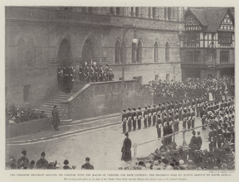 Cheshire-regimentet forlader sine farver hos borgmesteren i Chester for sikker varetægt, og regimentet går i aktiv tjeneste til Sydafrika af English Photographer
