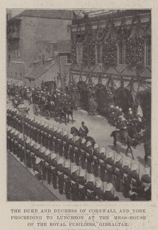 Hertugen og hertuginden af Cornwall og York fortsætter til frokost i Mess-House of the Royal Fusiliers, Gibraltar af English Photographer