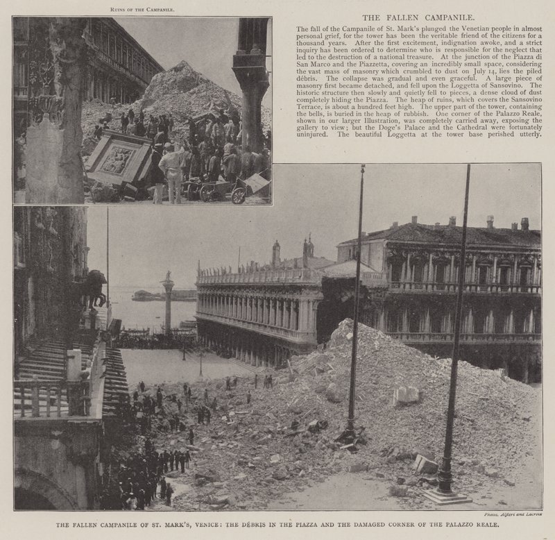 Den faldne Campanile of St Marks, Venedig, affaldene på Piazzaen og det beskadigede hjørne af Palazzo Reale af English Photographer