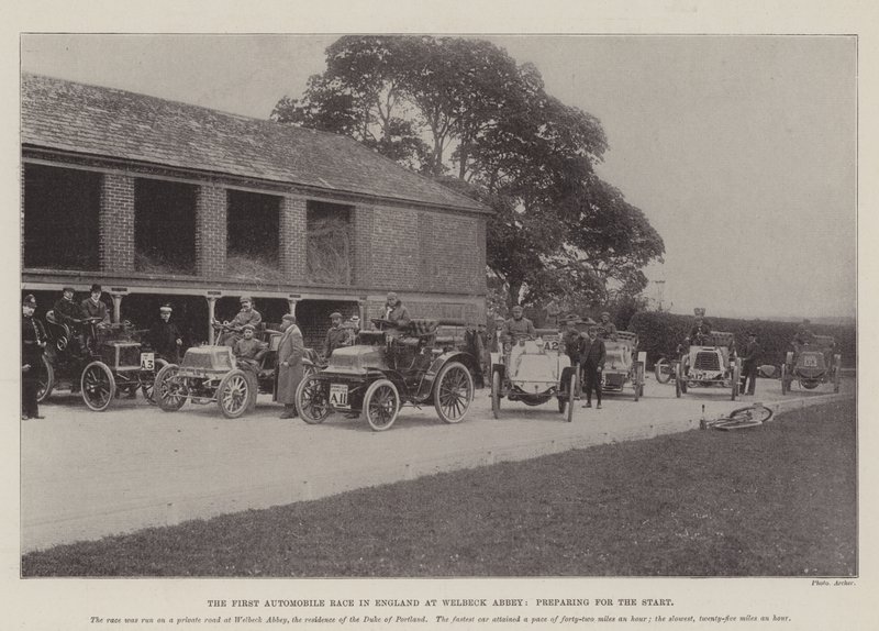 Det første billøb i England i Welbeck Abbey, forberedelse til starten af English Photographer