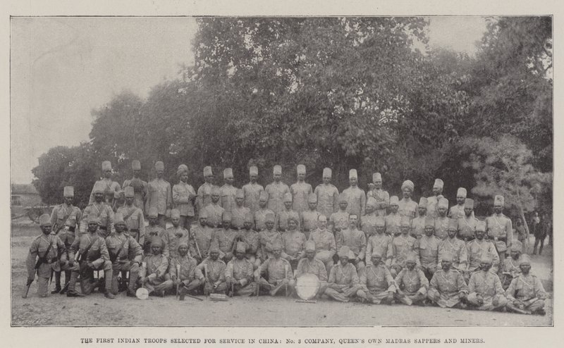 De første indiske tropper udvalgt til tjeneste i Kina, No 3 Company, Queens Own Madras Sappers and Miners af English Photographer