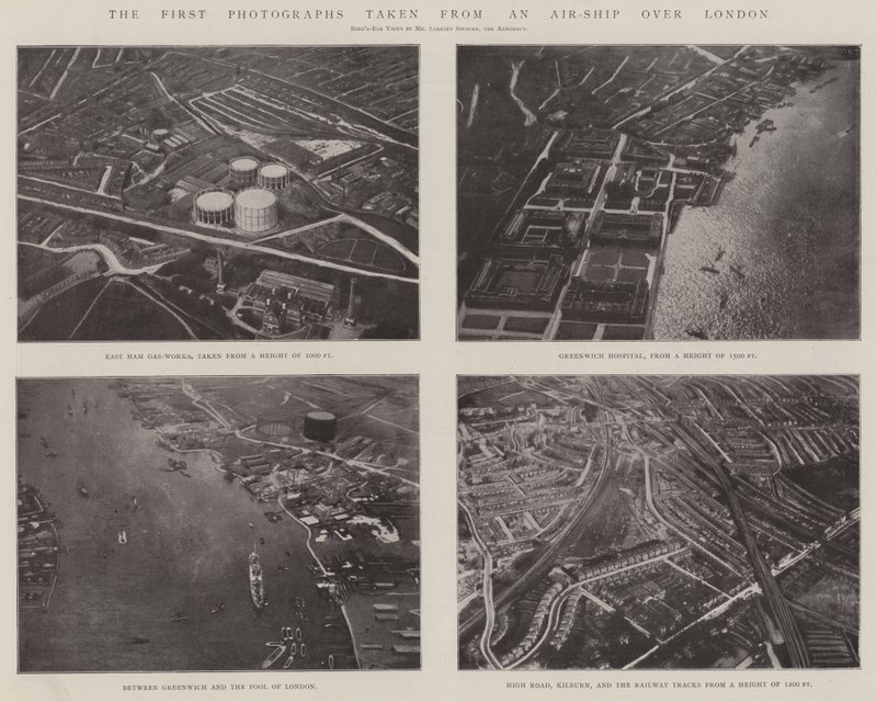 De første fotografier taget fra et luftskib over London af English Photographer