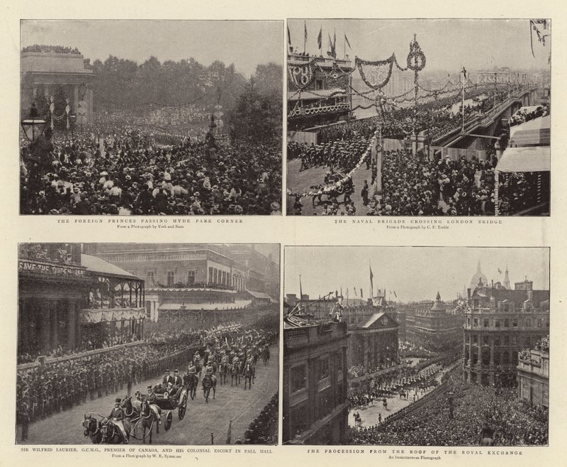 De udenlandske prinser passerer Hyde Park Corner, Sir Wilfrid Laurier, GCMG, Canadas premier, og Colonial Escort i Pall Mall, Naval Brigade krydser London Bridge, Procession fra Roof of the af English Photographer