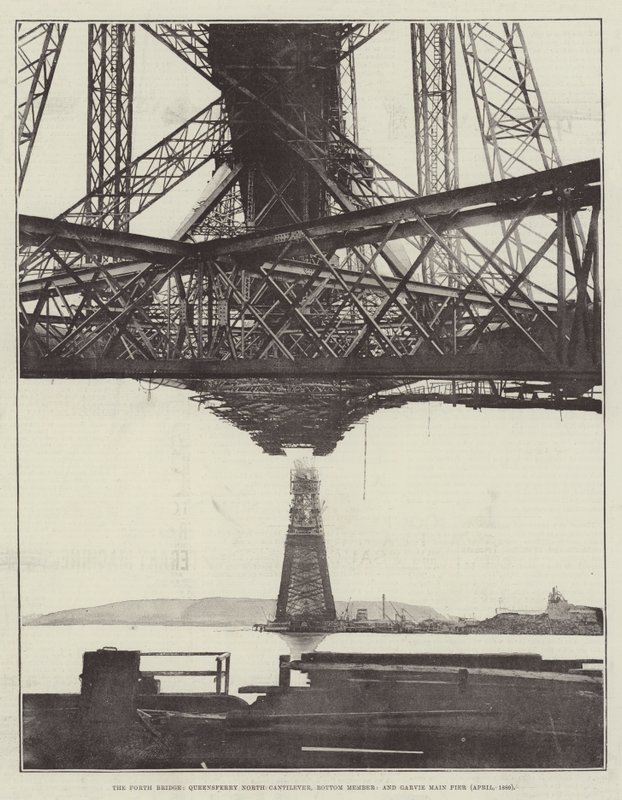 The Forth Bridge, Queensferry North Cantilever, bundmedlem og Garvie Main Pier (april 1889) af English Photographer