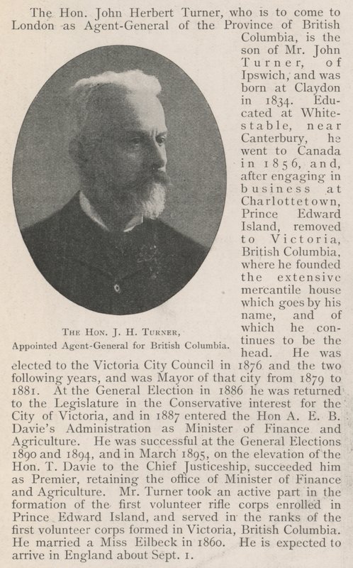 Den ærede JH Turner, udnævnt til generalagent for British Columbia af English Photographer