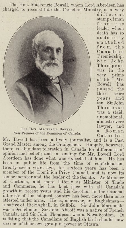 Den ærede Mackenzie Bowell, ny premierminister for Dominion of Canada af English Photographer