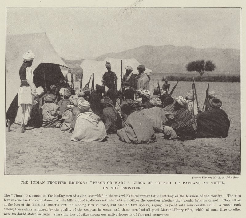 De indiske grænseopgange, fred eller krig? Jirga eller Council of Pathans ved Thull, på grænsen af English Photographer