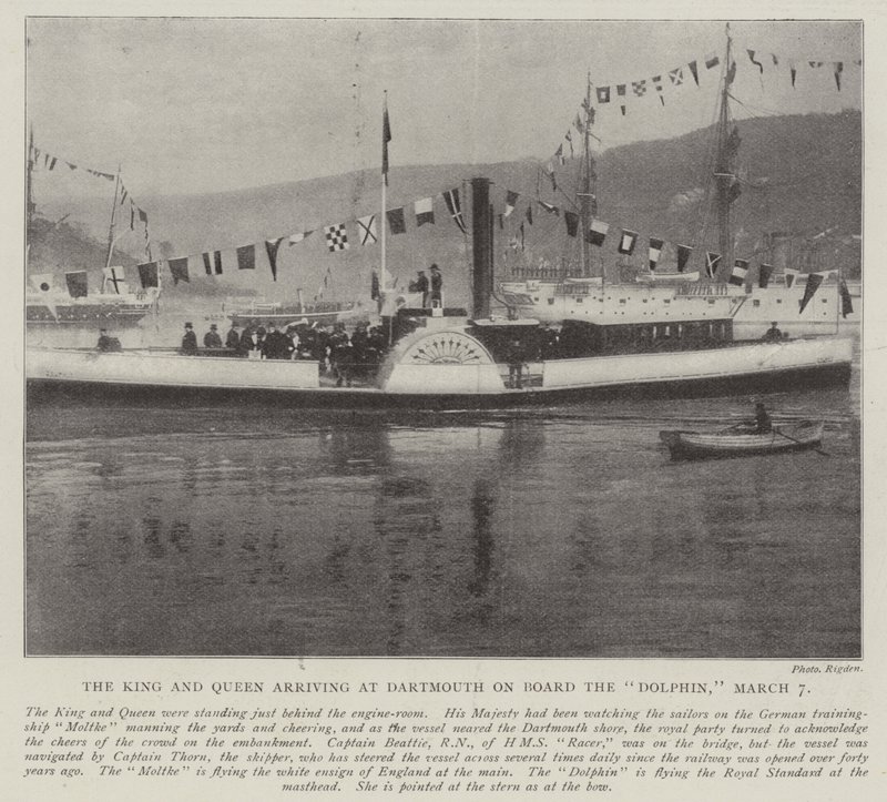 Kongen og Dronningen ankommer til Dartmouth ombord på Dolphin, 7. marts af English Photographer