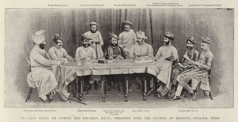 Den afdøde Rajah Sir Gunpat Rao Khudkay, KCSI, præsiderer over Council of Regency, Gwalior, Indien af English Photographer