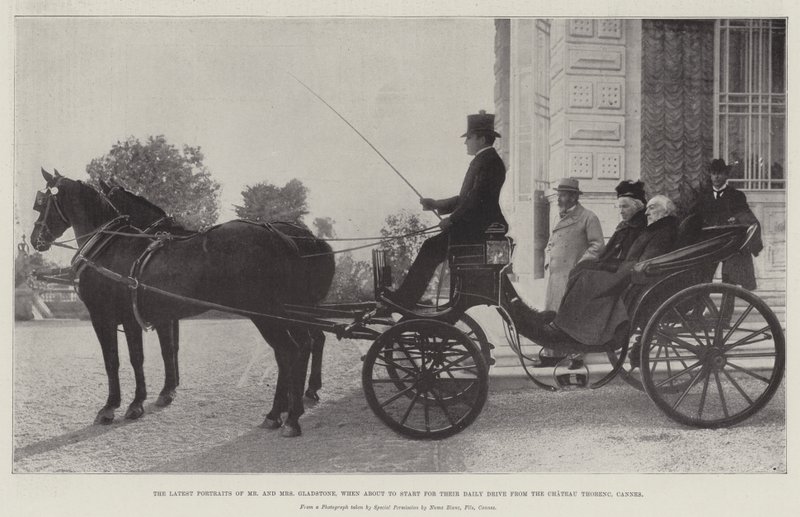 De seneste portrætter af hr. og fru Gladstone, når de skal starte til deres daglige køretur fra Chateau Thorenc, Cannes af English Photographer
