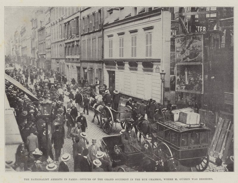 De nationalistiske arrestationer i Paris, kontorer for det store okcident i Rue Chabrol, hvor M Guerin blev belejret af English Photographer