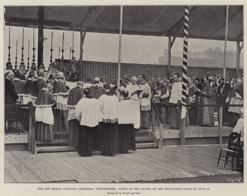 Den nye romersk-katolske katedral, Westminster, scene ved nedlæggelsen af grundstenen den 29. juni af English Photographer