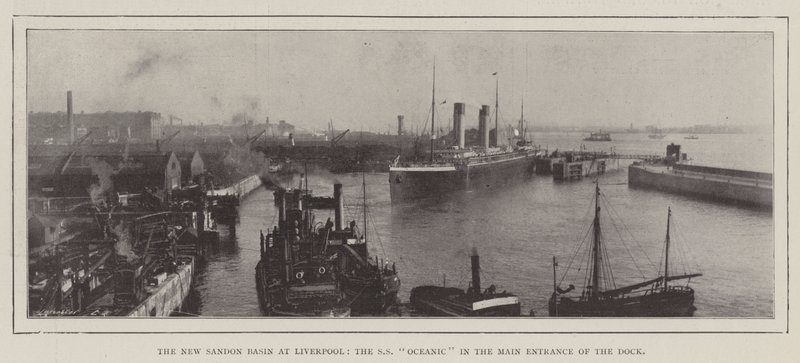 The New Sandon Basin i Liverpool, SS Oceanic i hovedindgangen til Dock af English Photographer