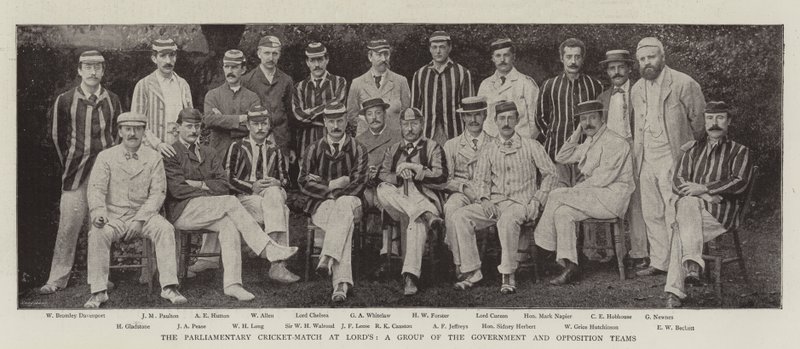 Den parlamentariske cricketkamp ved Lords, en gruppe af regerings- og oppositionshold af English Photographer