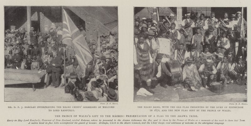 Prinsen af Wales gave til maorierne, præsentation af et flag til Arawa-stammen af English Photographer
