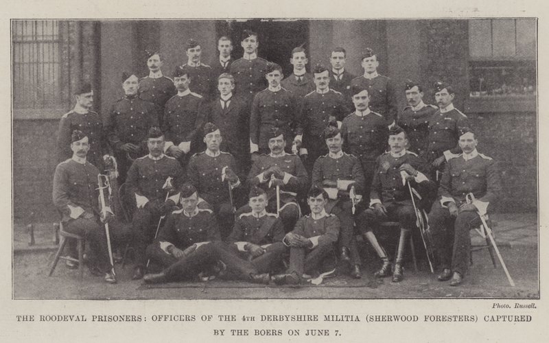 Roodeval-fangerne, officerer fra 4. Derbyshire Militia (Sherwood Foresters) taget til fange af boerne den 7. juni af English Photographer