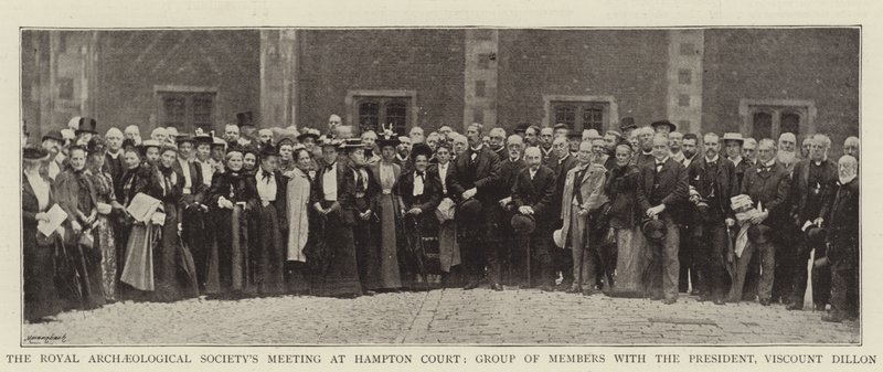 The Royal Archaeological Societys møde i Hampton Court, gruppe af medlemmer med præsidenten, Viscount Dillon af English Photographer