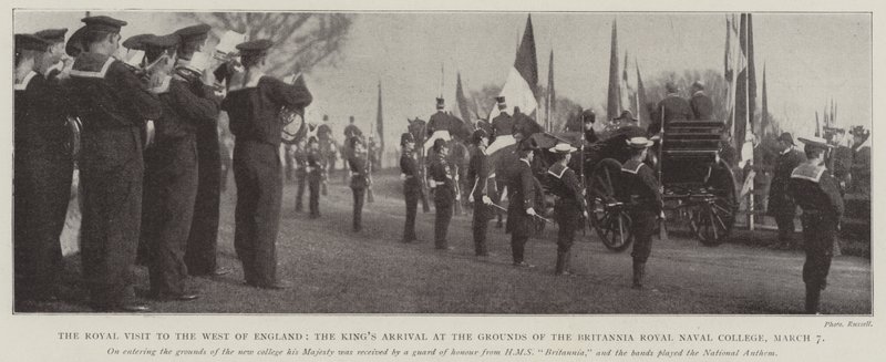 Det kongelige besøg i det vestlige England, kongernes ankomst til Britannia Royal Naval Colleges grund, 7. marts af English Photographer