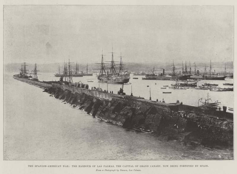 Den spansk-amerikanske krig, havnen i Las Palmas, hovedstaden på Gran Canaria, som nu befæstes af Spanien af English Photographer
