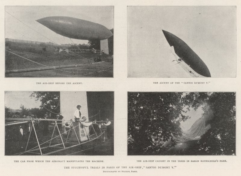 De vellykkede forsøg i Paris af luftskibet Santos Dumont V af English Photographer