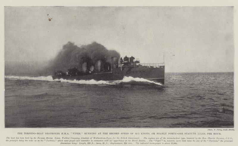 Torpedo-Boat Destroyer HMS Viper, der kører med rekordhastigheden på 35,5 knob, eller næsten 41 Statute Miles, i timen af English Photographer