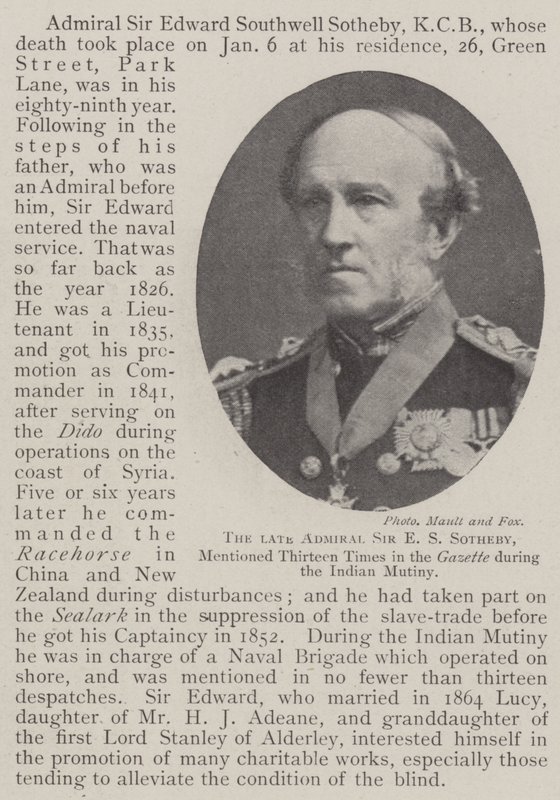 Den afdøde admiral Sir E S Sotheby nævnte tretten gange i Gazette under det indiske mytteri af English Photographer