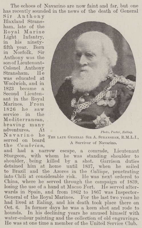 Den afdøde general Sir A Stransham, RMLI, en overlever fra Navarino af English Photographer