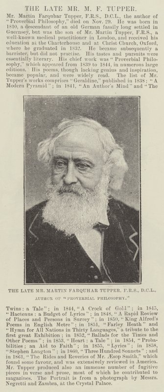 Afdøde hr. Martin Farquhar Tupper, FRS, DCL, forfatter til ordsproglig filosofi af English Photographer
