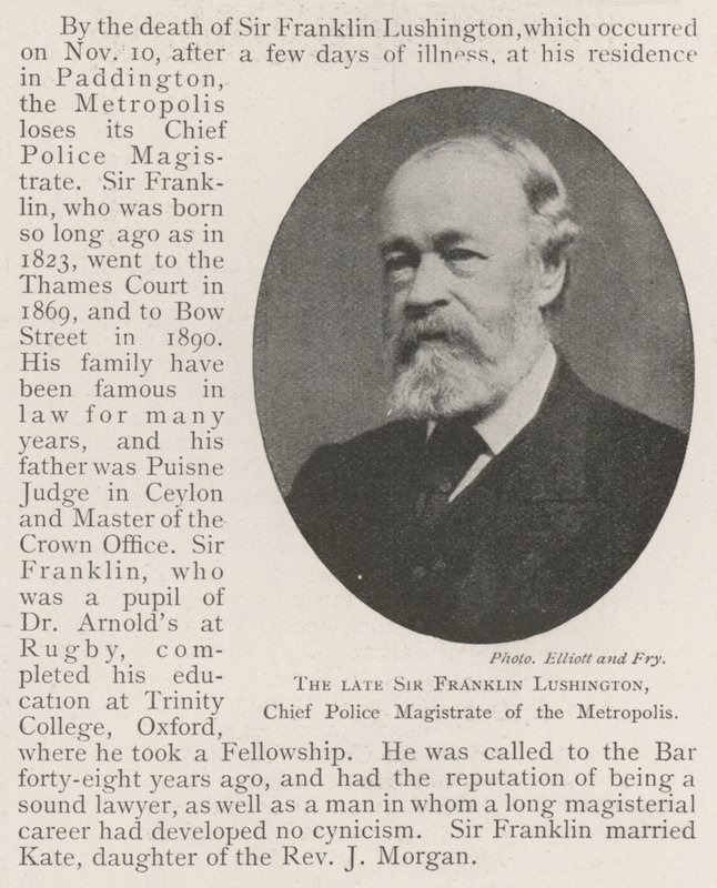Afdøde Sir Franklin Lushington, politimester i Metropolis af English Photographer