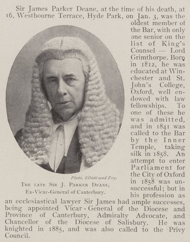 Den afdøde Sir J Parker Deane, eks-generalvikar i Canterbury af English Photographer