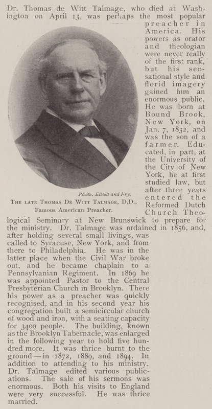 Den afdøde Thomas de Witt Talmage, DD, berømt amerikansk prædikant af English Photographer