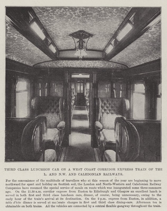 Tredjeklasses frokostbil på et West Coast Corridor Express-tog fra L og NW og Caledonian Railways af English Photographer