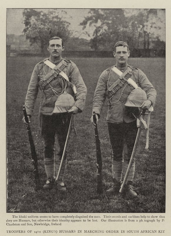 Troopers of 14th (Kings) Husars in Marching Order in South African Kit af English Photographer