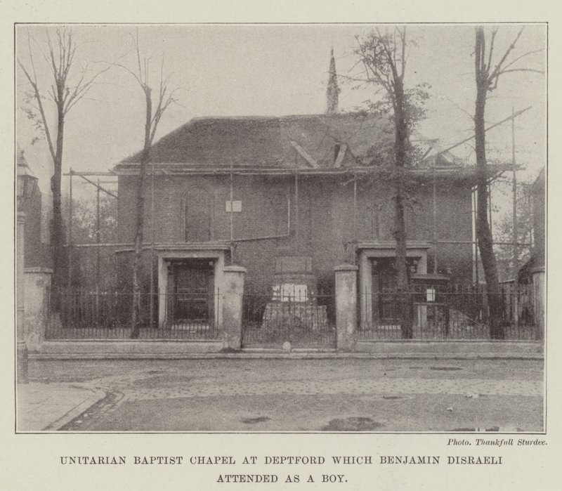 Unitarian Baptist Chapel i Deptford, som Benjamin Disraeli deltog i som dreng af English Photographer