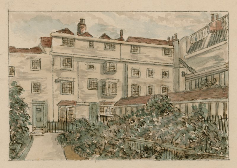 13-15 Nevilles Court, Fetter Lane, Holborn, fra en skitse i 1900 (wc på papir) af English School