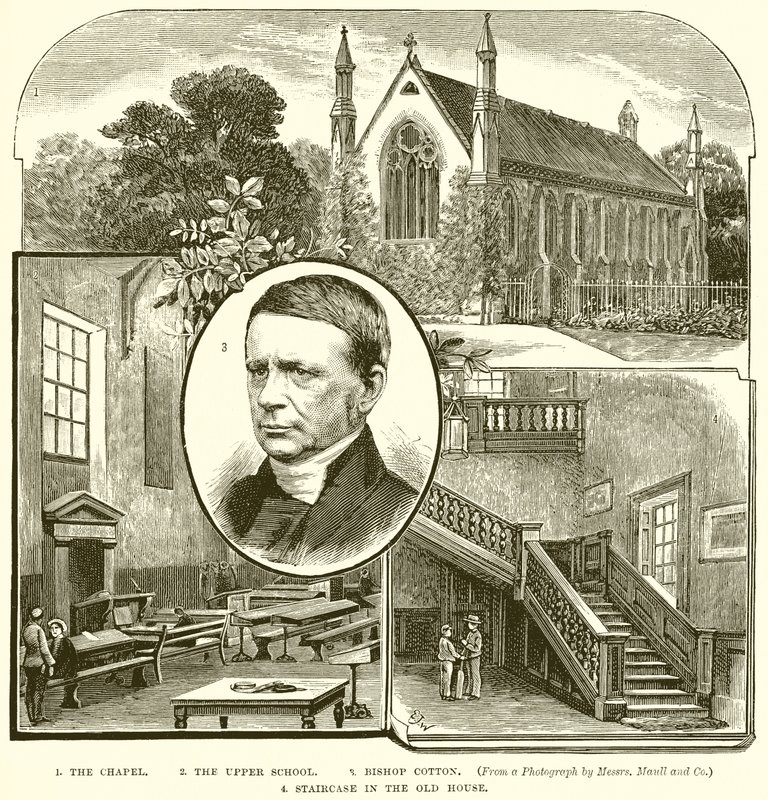 1. Kapellet. 2. Overskolen. 3. Biskop Cotton. 4. Trappe i Det Gamle Hus af English School