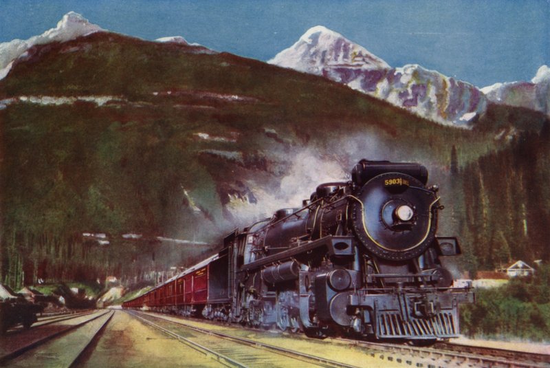 2-10-4 damplokomotiv fra Canadian Pacific Railway ved foden af Rocky Mountains, Canada (farve litho) af English School