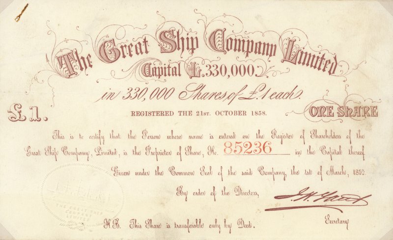 Et aktiecertifikat på £1 udstedt af The Great Ship Company Limited af English School