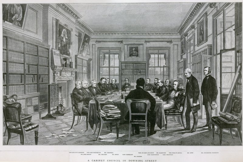 Et kabinetsråd i Downing Street 10 af English School