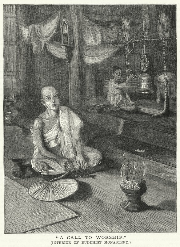 "A Call to Worship," Interiør af buddhistisk kloster (gravering) af English School