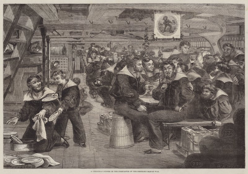 En julemiddag i Forecastle of the Pembroke Man-of-War (gravering) af English School